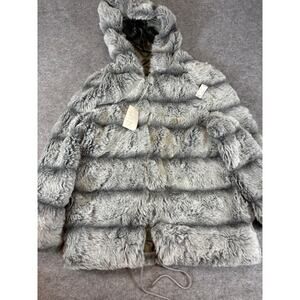 Vintage 90s JC Penney Faux Fur Hooded Coat Mens Large Gray Striped Winter NWT